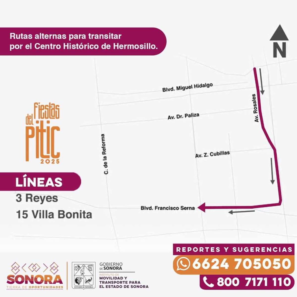 Cambios en las rutas de las líneas 3 Reyes y 15 Villa Bonita por las Fiestas del Pitic en Hermosillo.