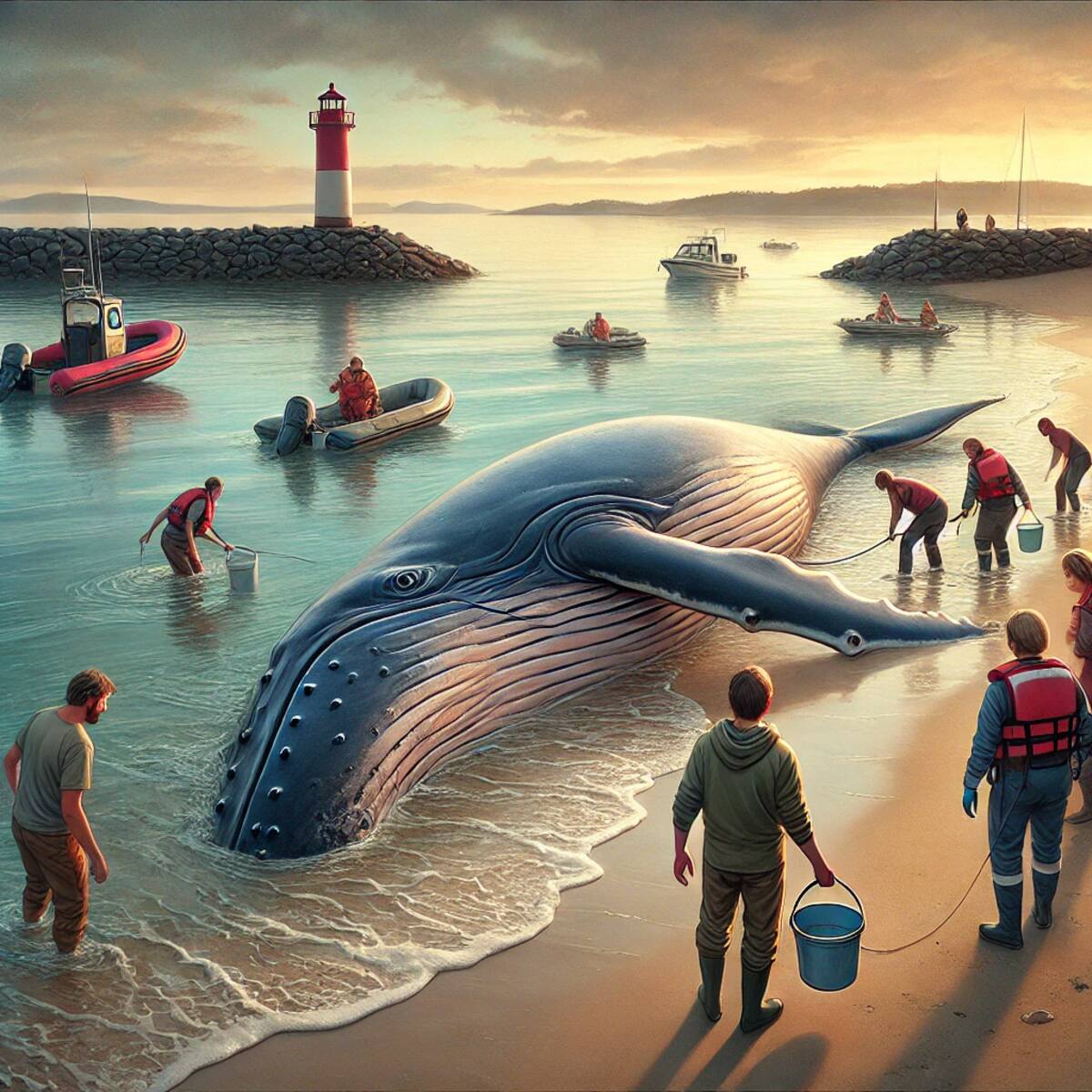 Imagen ilustrativa de una ballena varada en una playa hechas con IA (Chatgpt).
