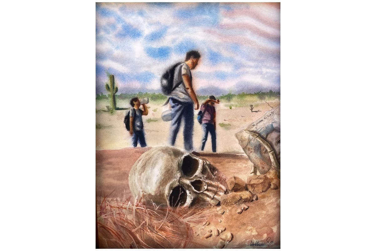 “Dreamers”, realizada en acuarela, presenta una composición simbólica que alterna planos nítidos y desenfocados para representar el contraste entre la esperanza y la tragedia de la migración. FOTO: CORTESÍA