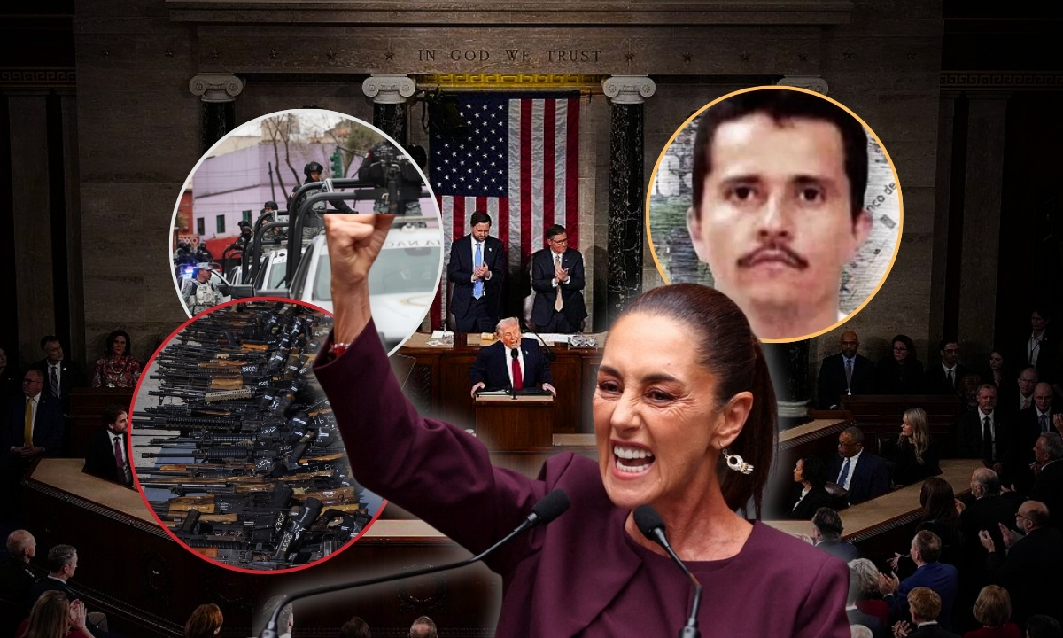 Mientras Trump presume resultados en seguridad, México insiste en que el tráfico de armas desde el norte sigue alimentando la violencia. Foto: Especial (Reuters/AP/The State Of The Union)