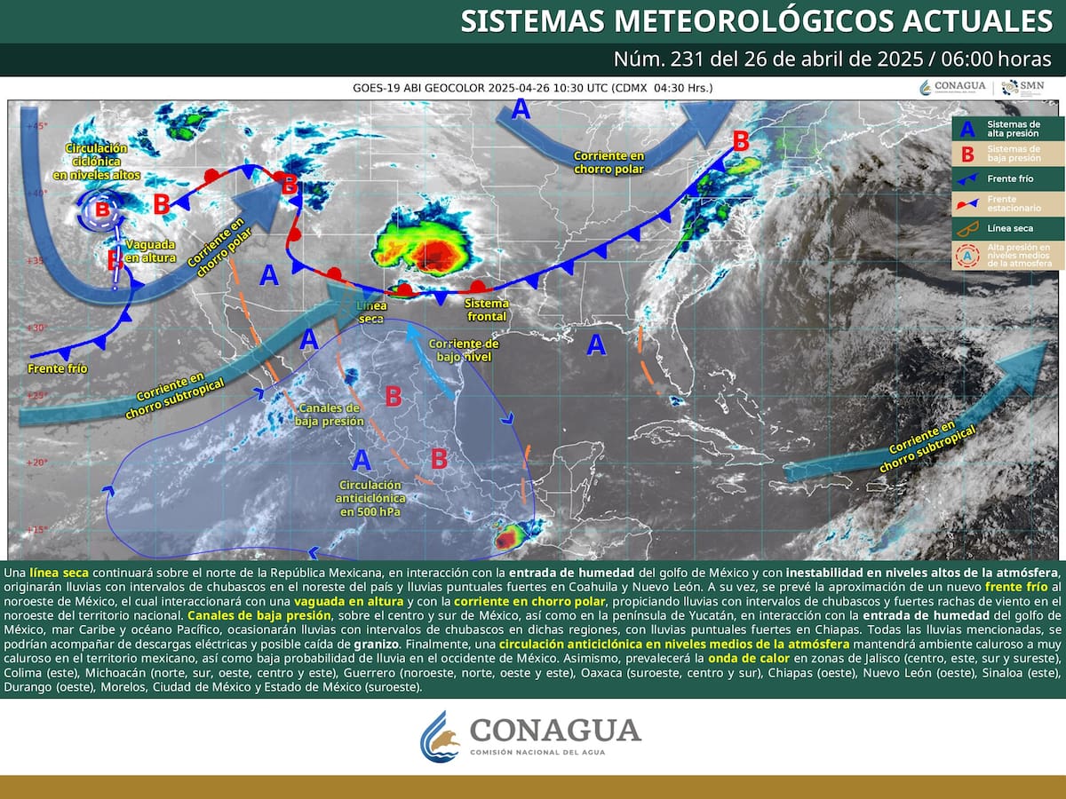 Imagen de los Sistemas Meteorológicos actualmente activos en México. | Conagua y SMN