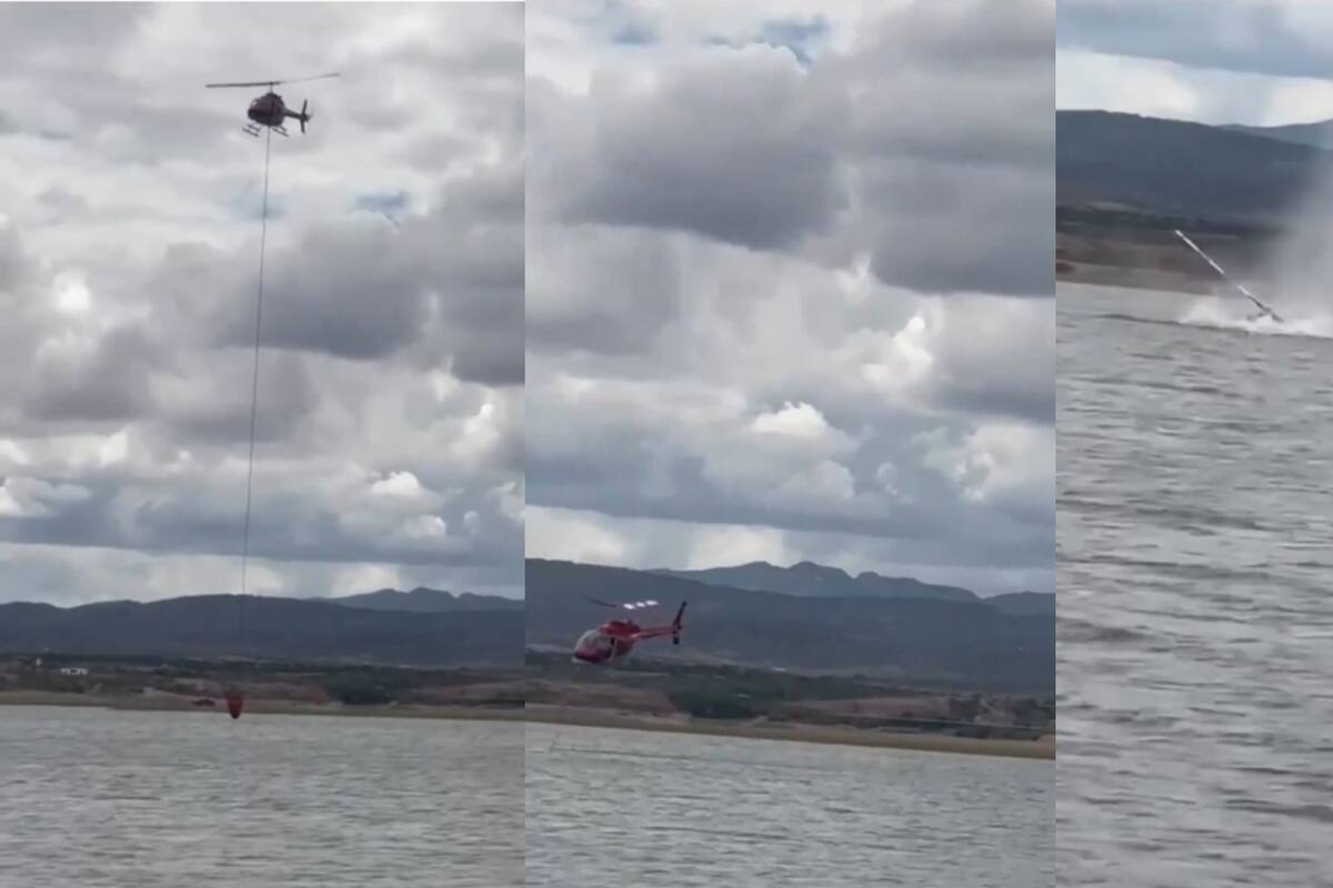 VIDEO: Helicóptero cae a presa mientras se abastecía de agua para sofocar incendios en Chihuahua