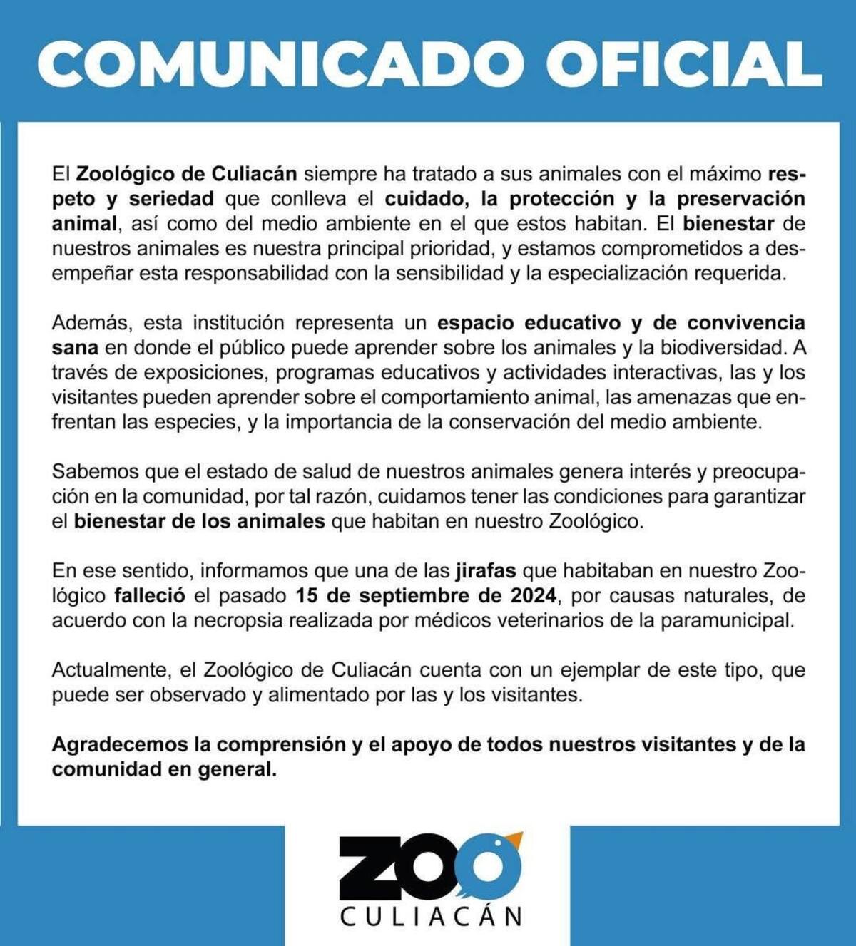Comunicado del Zoológico de Culiacán sobre la muerte de la jirafa que se creía había desaparecido.