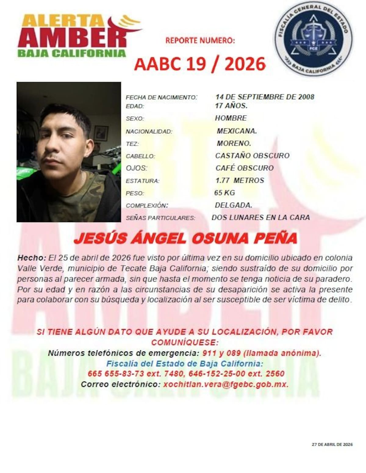 Fue visto por última vez el 25 de abril de 2026.