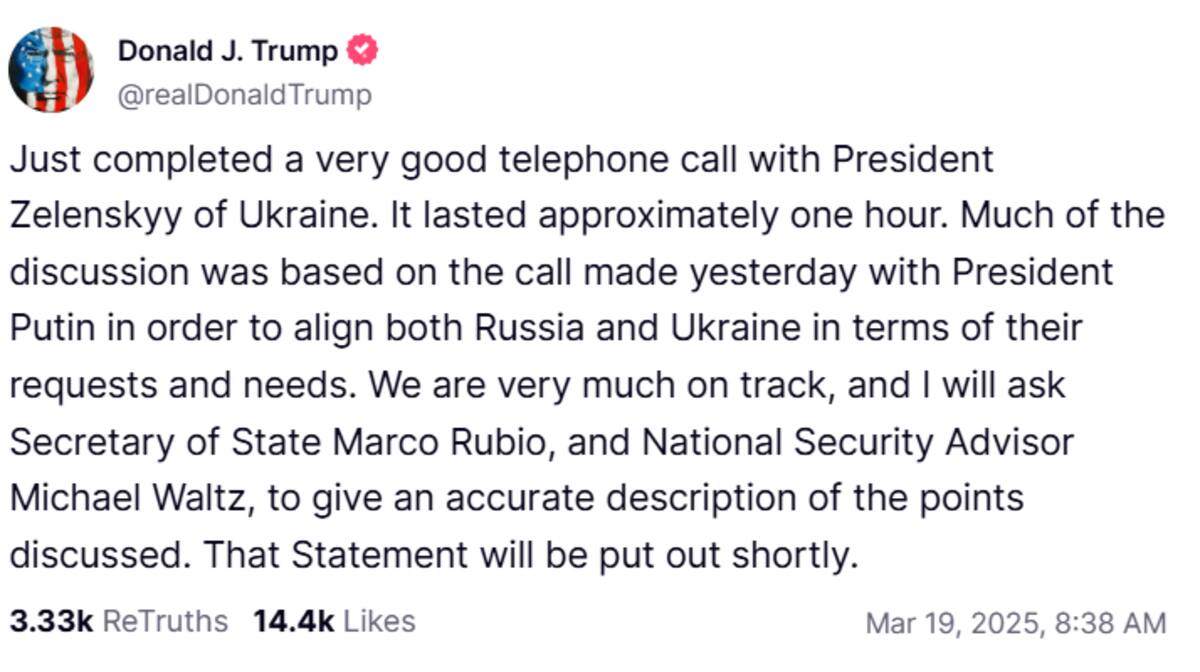 Trump en su red social Truth Social, describió la llamada como “muy buena”. Foto: Captura de Pantalla