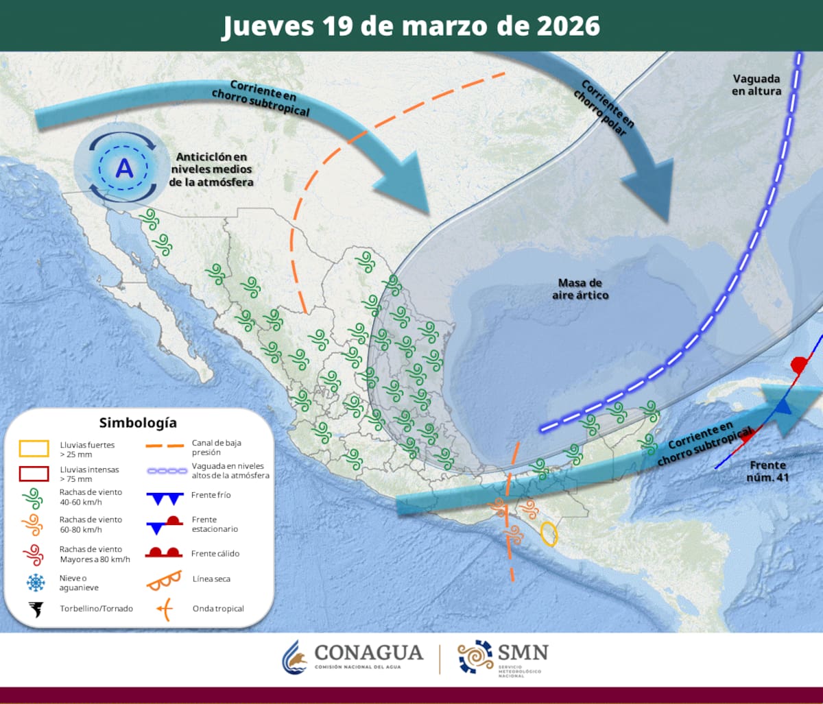 Pronóstico del clima para el jueves 19 de marzo del 2026. | Crédito: SMN