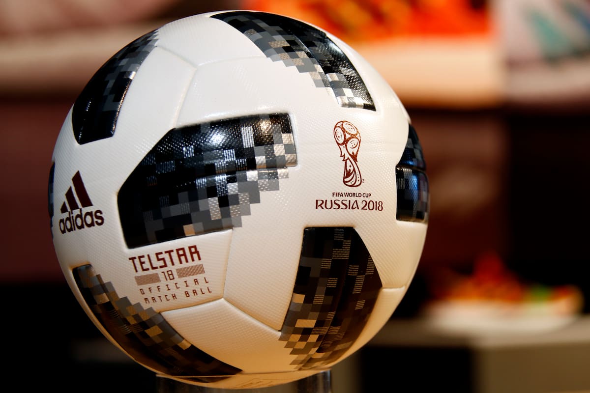 The current official game ball bearing the logo of the Russia 2018 soccer World Cup is on display during the adidas annual balance news conference in Herzogenaurach, Germany, Wednesday, March 14, 2018. (AP Photo/Matthias Schrader)
