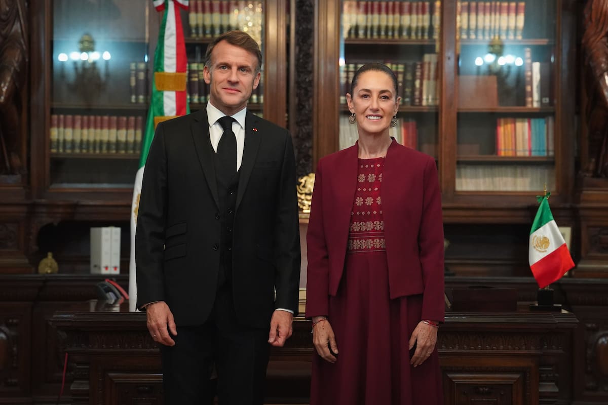 La presidenta Claudia Sheinbaum Pardo recibió en Palacio Nacional a su homólogo francés, Emmanuel Macron, el 7 de noviembre del 2025. | Crédito: X @Claudiashein