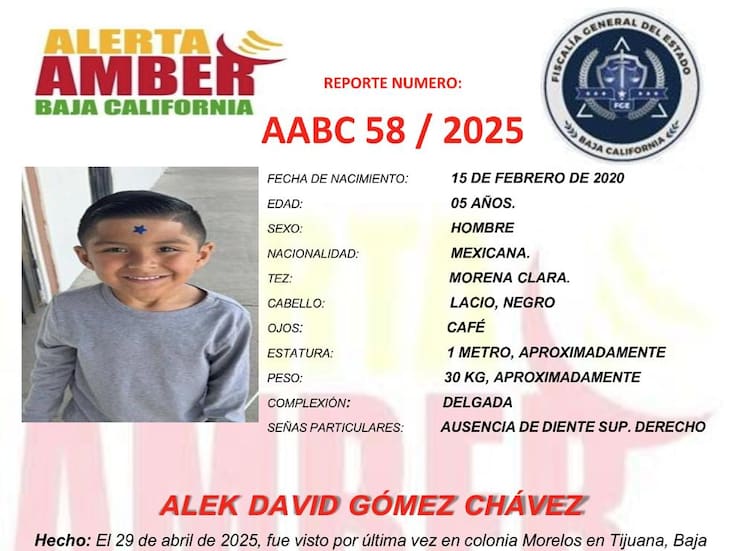Activan Alerta Amber por Alek David Gómez Chávez de 5 años