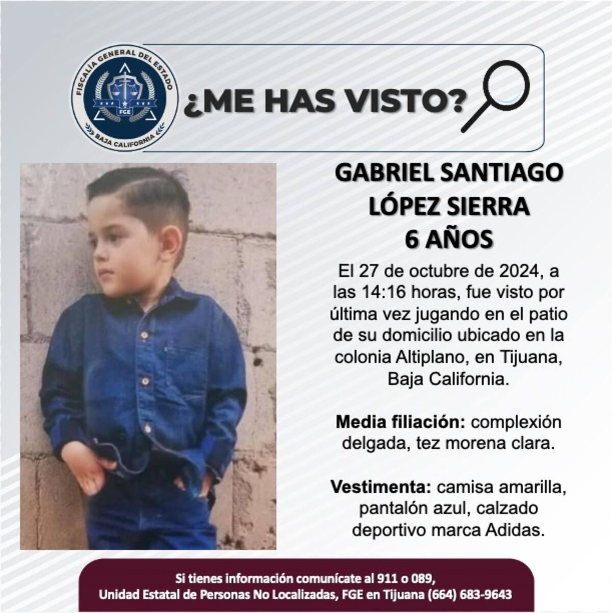 Gabriel Santiago López Sierra fue visto por última vez el 27 de octubre de 2024.