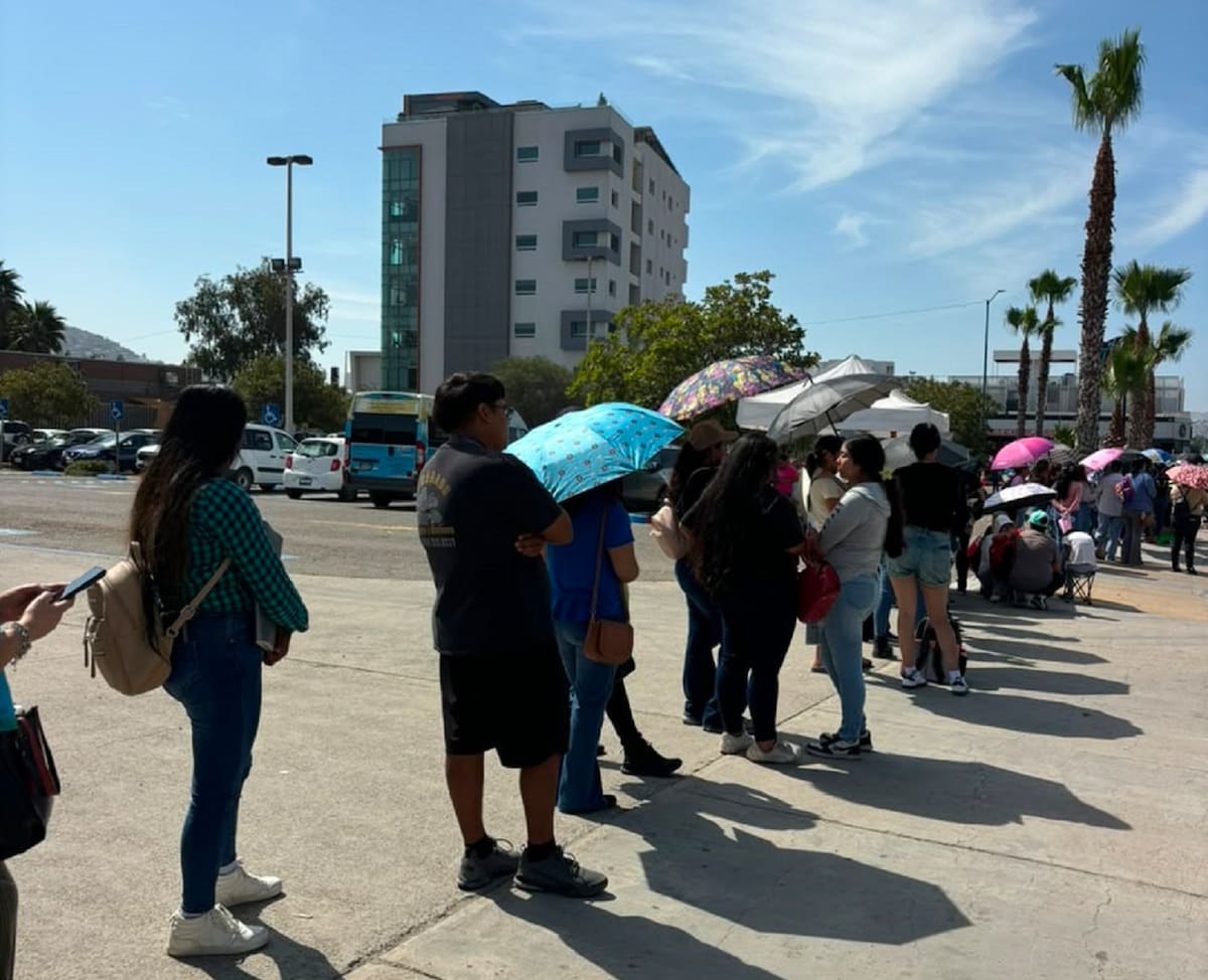 Desde la noche del lunes y la madrugada del martes, cientos de mujeres hicieron fila en el Cobach Nueva Tijuana para solicitar la Tarjeta Violeta, cuyo registro concluirá el 31 de julio. Foto: Lorena Salinas