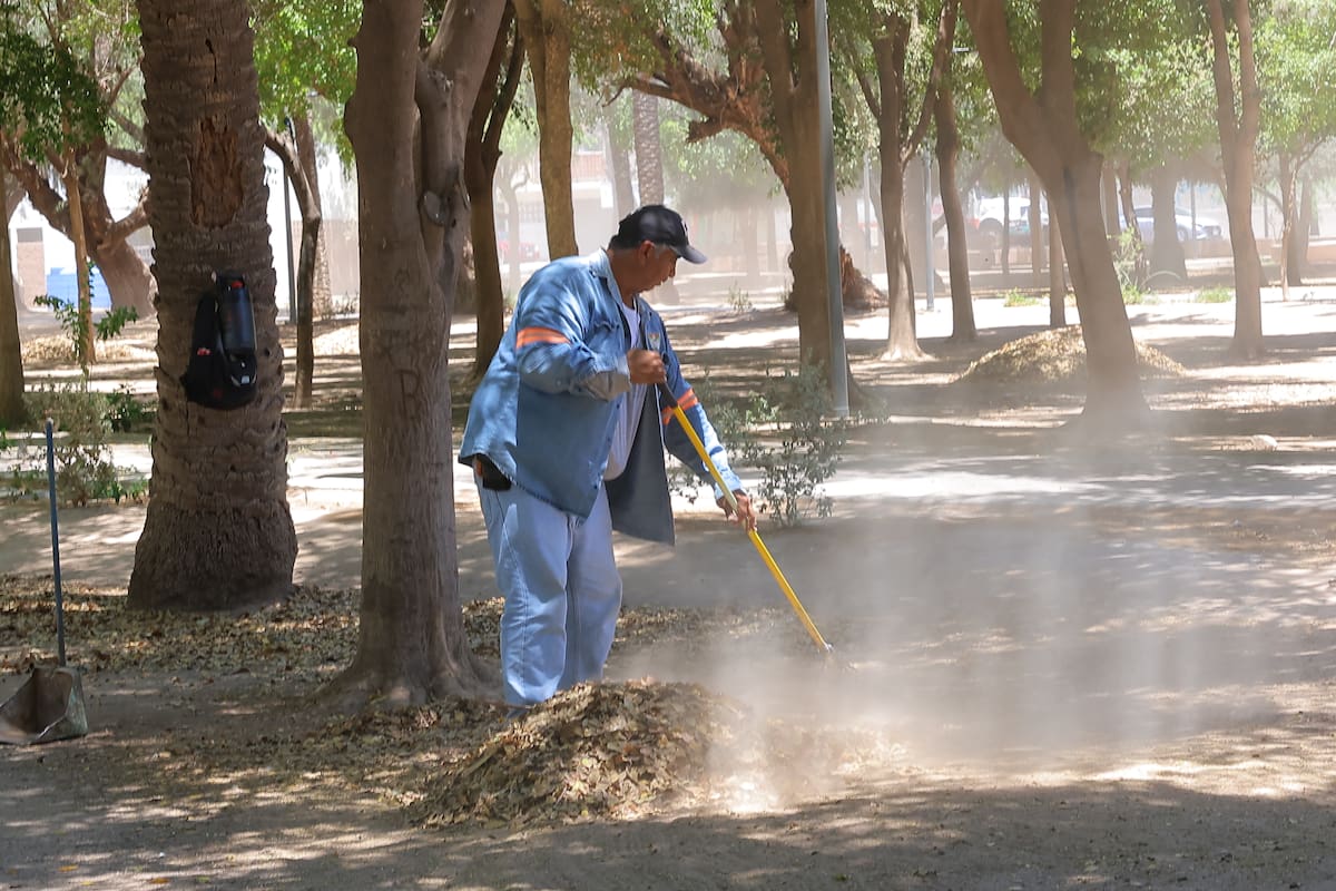 Ignacio suda la “gota gorda” en el “calorón” de Hermosillo para mantener limpio el Parque Madero