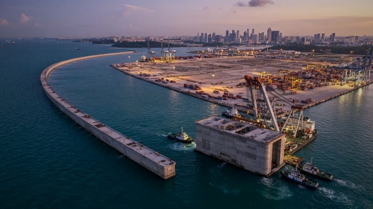 Lanzaron cajones de concreto de 15 mil toneladas al fondo del mar en Singapur para mover 65 millones de contenedores sin conductores humanos