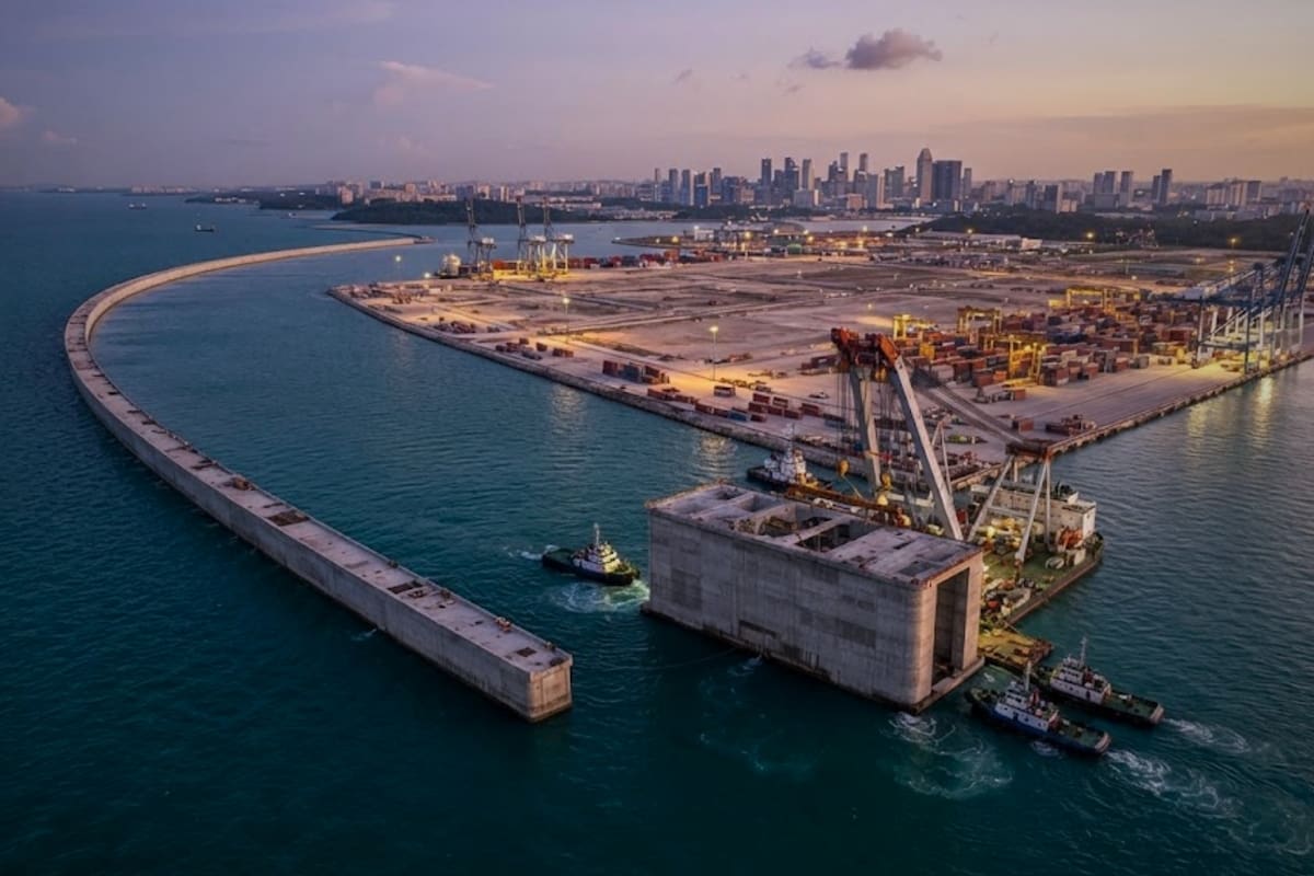 Con cajones de concreto de 15 mil toneladas bajo el agua, Singapur rediseña la logística global para mover 65 millones de contenedores sin conductores humanos