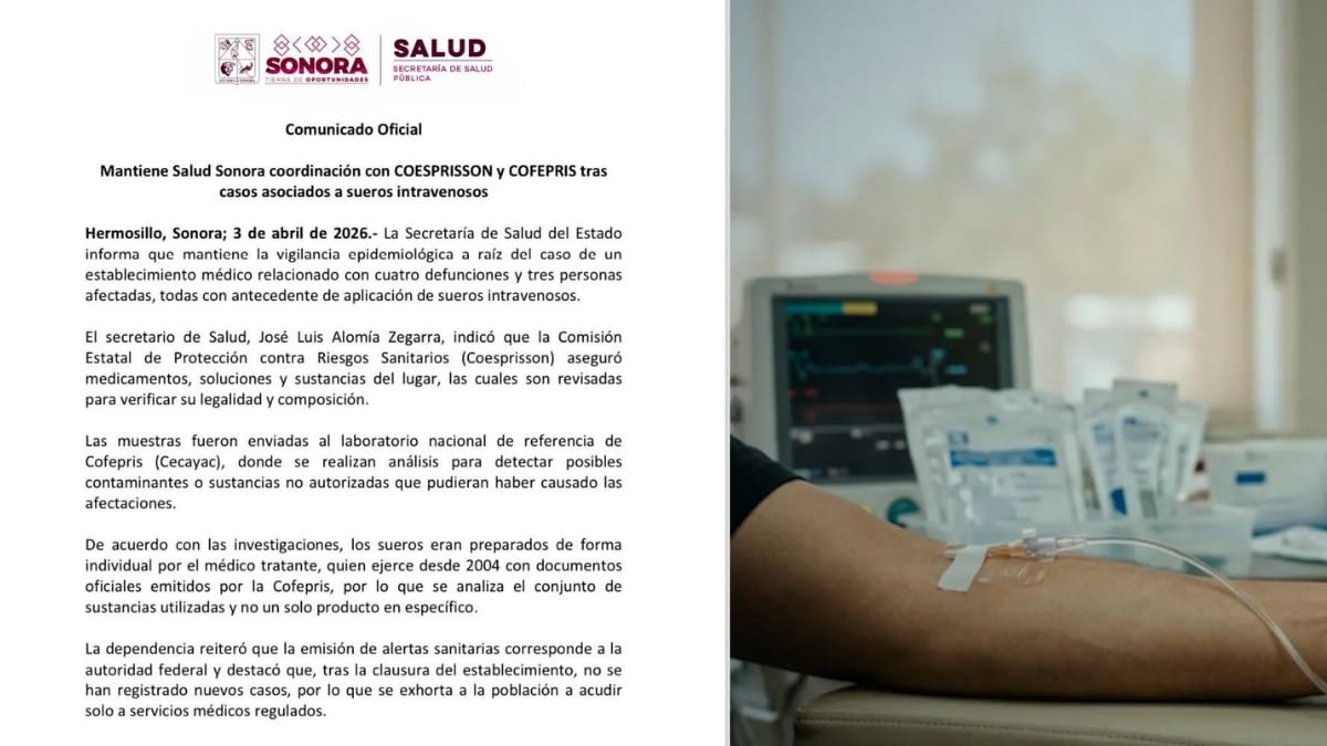 Secretaría de Salud de Sonora emite comunicado por siete casos asociados a sueros vitaminados intravenosos en Hermosillo y mantiene vigilancia