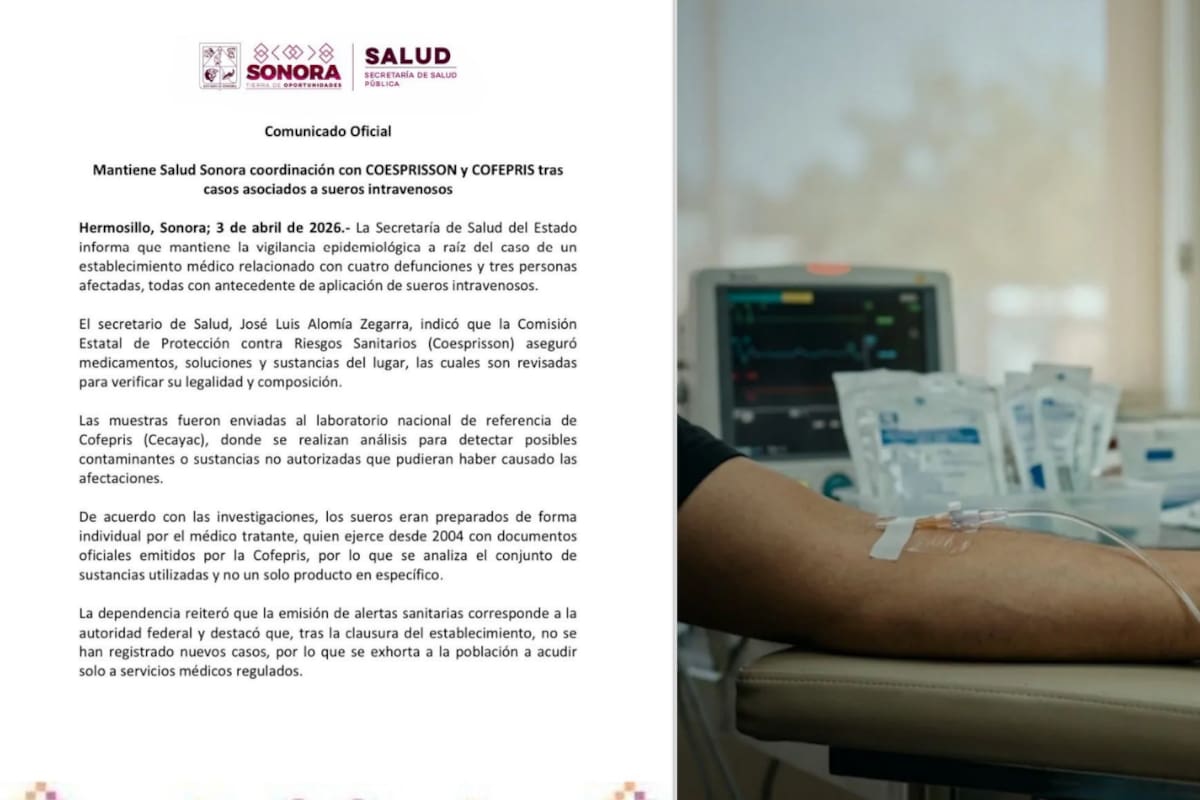 Secretaría de Salud de Sonora emite comunicado por siete casos asociados a sueros vitaminados intravenosos en Hermosillo y mantiene vigilancia