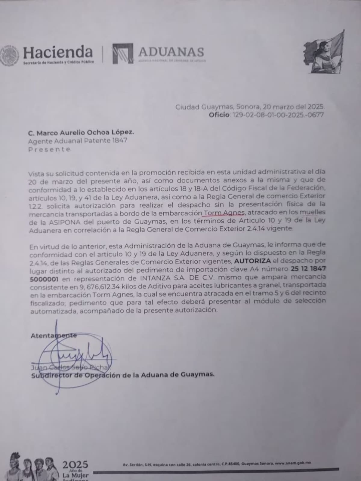 Captura del oficio donde presuntamente se solicita la autorización para el ingreso de el ingreso de "aditivo de aceites lubricantes a granel" por la aduana de Guaymas, Sonora. | Especial