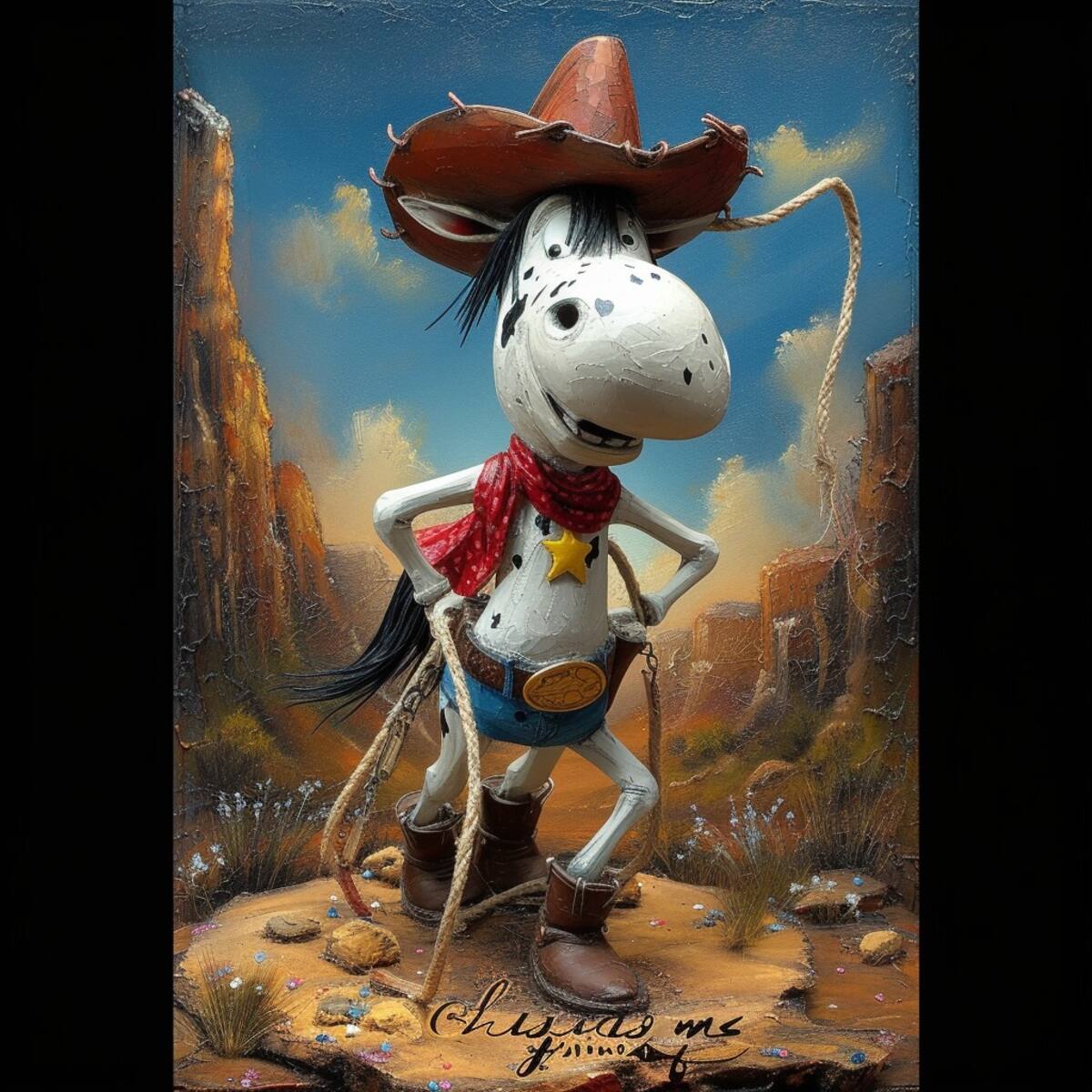 Tiro Loco McGraw según la visión de la inteligencia artificial de Midjourney, un caballo tierno con un toque vaquero.