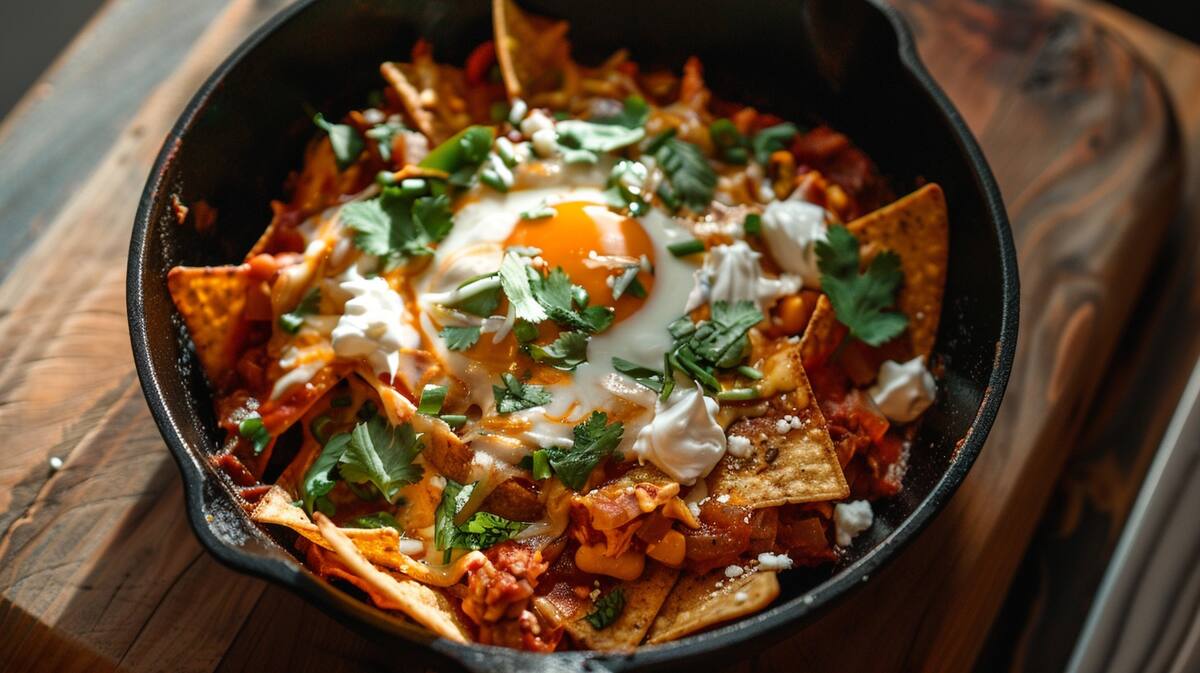 Chilaquiles rojos: Una variante popular de este clásico mexicano, con tortillas fritas bañadas en una salsa de tomate picante y acompañadas de ingredientes tradicionales como queso fresco y crema.