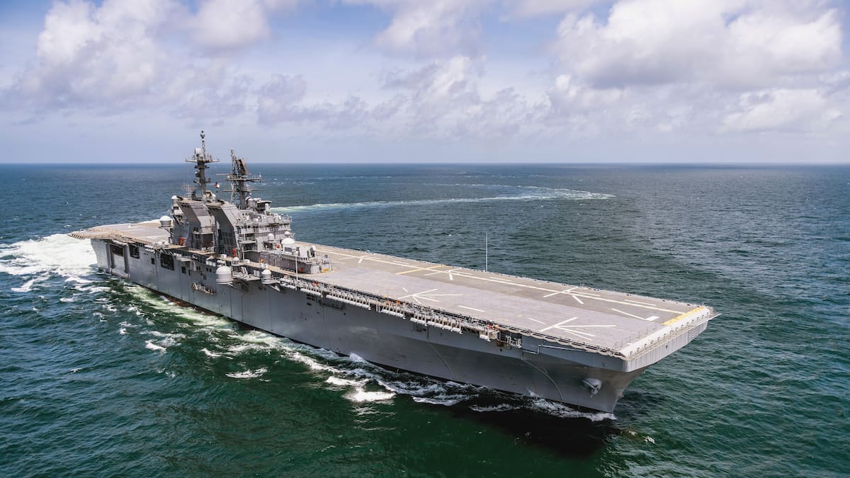 GULF OF MEXICO (July 15, 2019) The future amphibious assault ship USS Tripoli (LHA 7) transits the Gulf of Mexico during builder’s trials held in July 15, 2019. Tripoli is the third U.S. Navy ship named for the Battle of Derne in 1805, the first land battle the United States fought overseas. Tripoli is expected to be commissioned in the summer of 2020. (U.S. Navy photo courtesy of HII by Derek Fountain/Released)