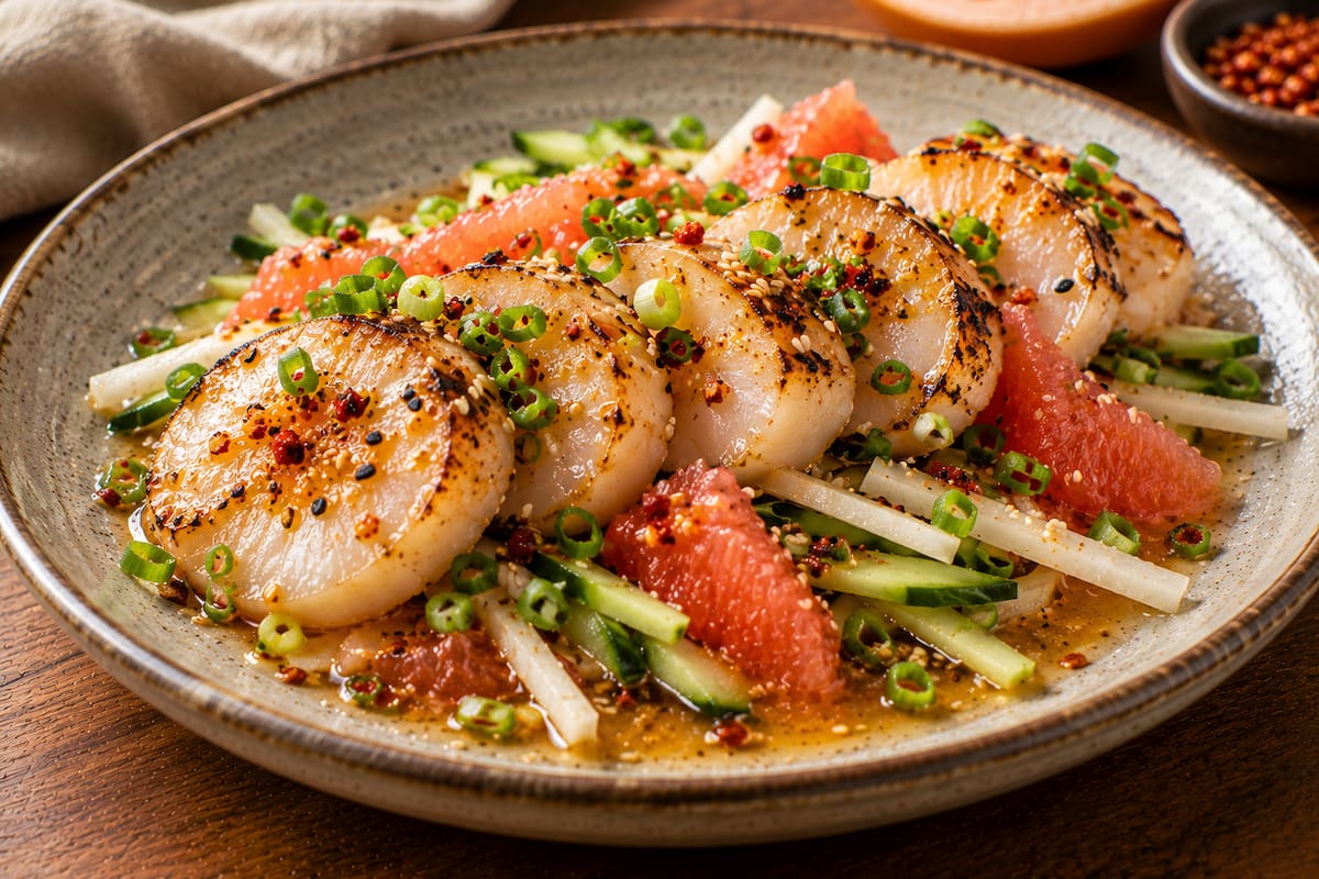 Callo de hacha estilo tataki con toronja y shichimi