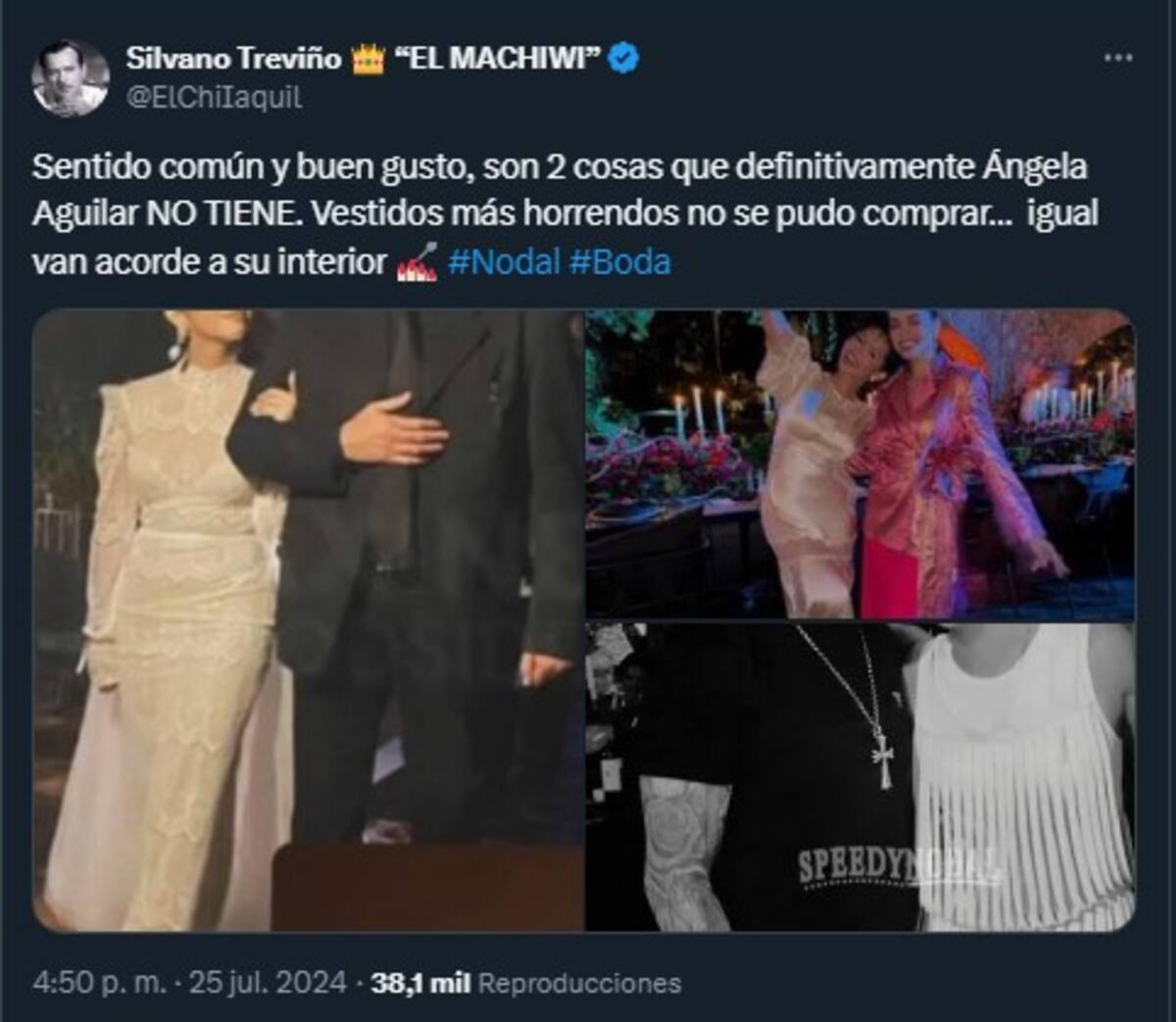 Critican a Ángela Aguilar por la elección de vestidos para su boda / Cuenta de X: Tercer vestido de Ángela Aguilar / Cuenta de X: @ElChiIaquil