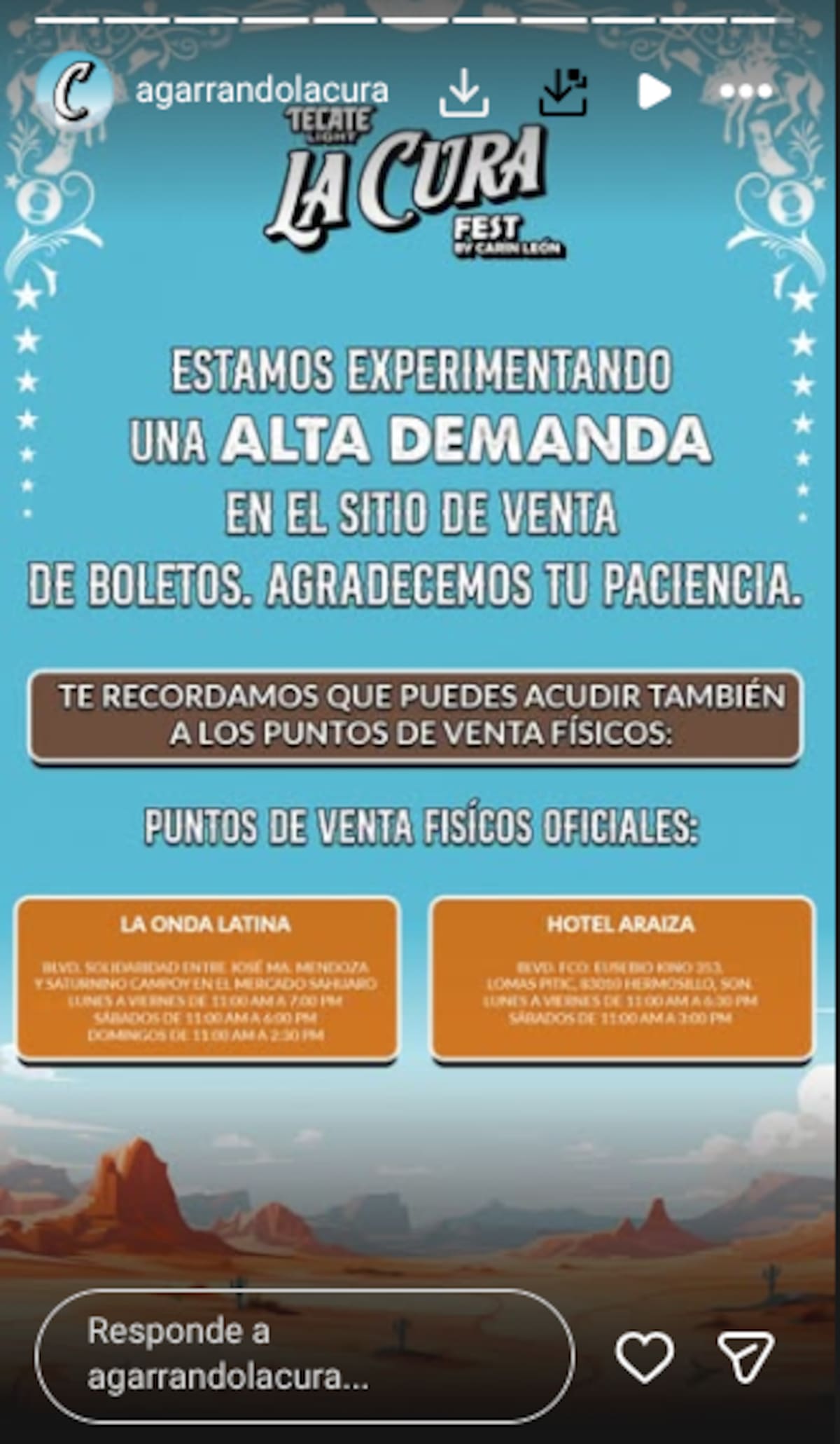 Recomiendan hacer la compra para los boletos de "La Cura Fest" en puntos de venta físicos | Instagram @agarrandolacura