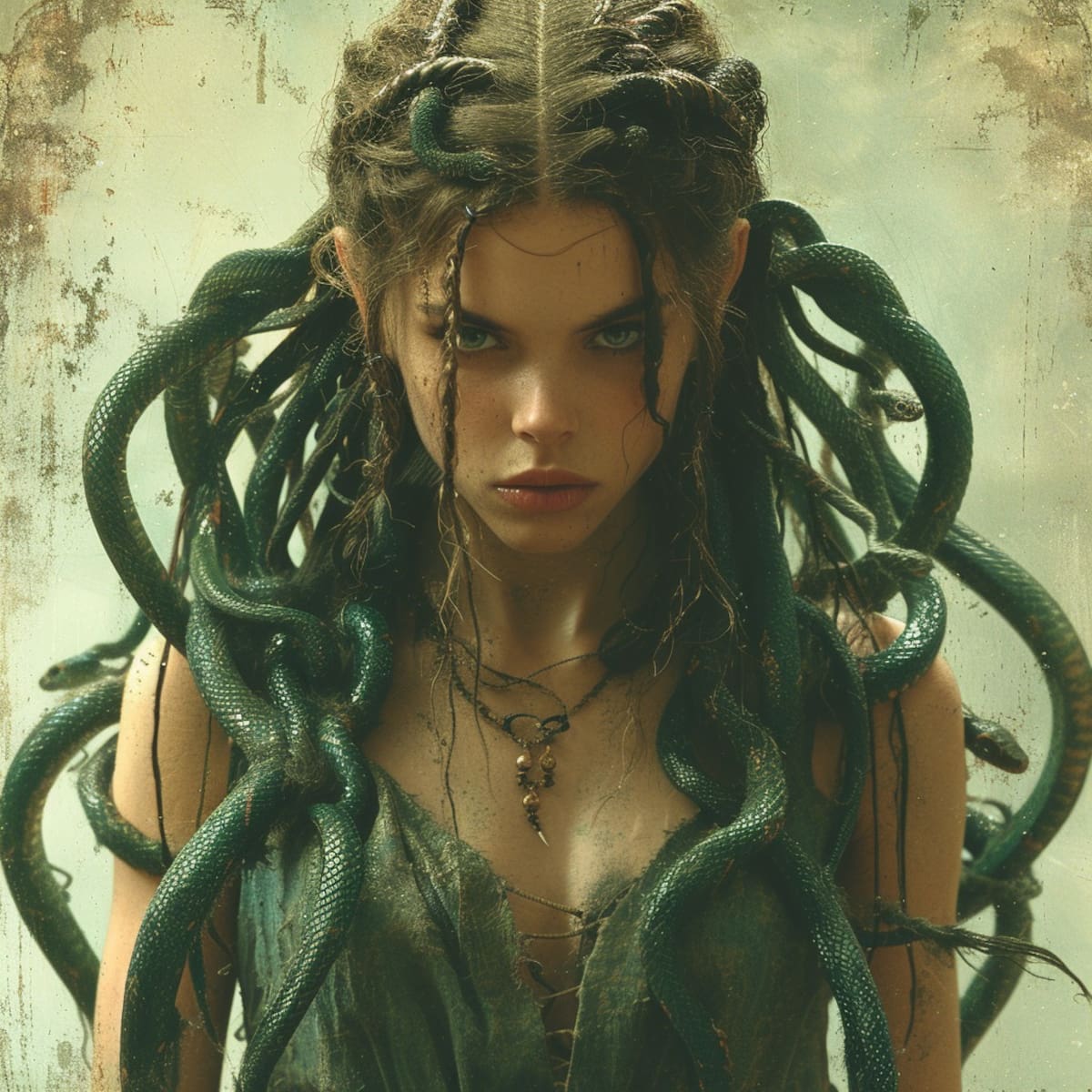 Serpientes en lugar de cabello: la visión única de Medusa por la IA, fusionando mito y tecnología.