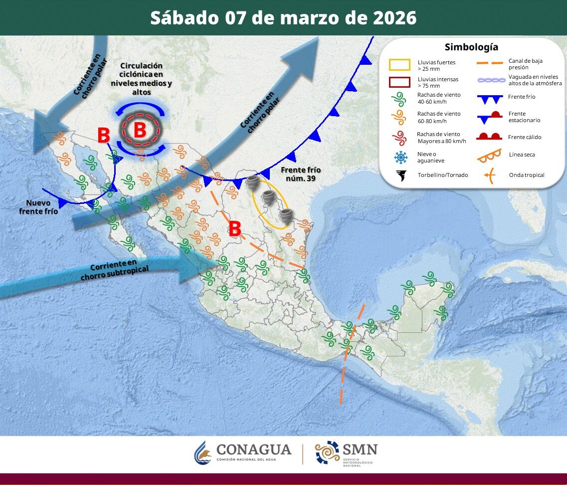 Pronóstico del clima para el sábado 7 de marzo del 2026. | Crédito: SMN