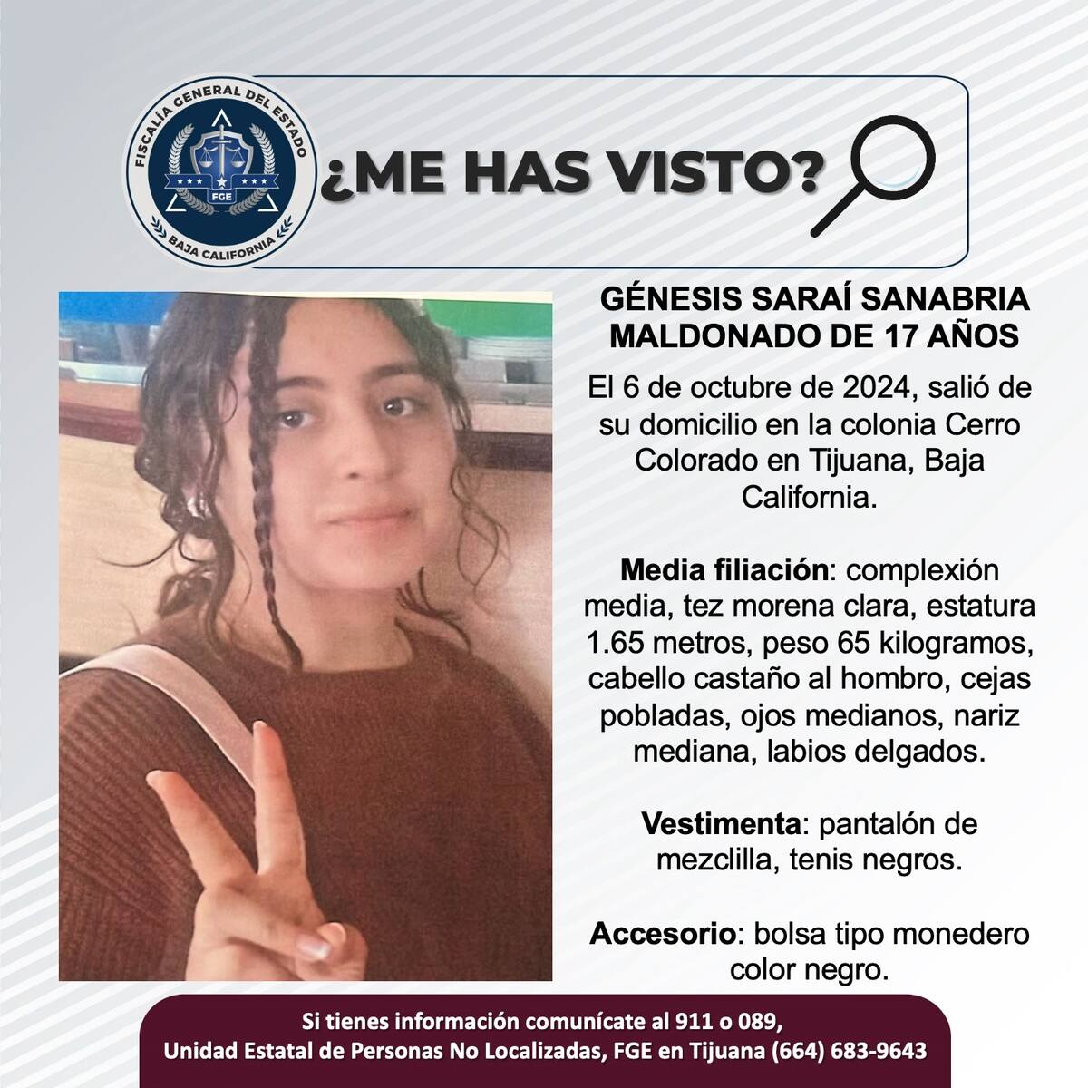 Génesis Saraí Sanabria Maldonado fue vista por última vez el 6 de octubre de 2024.