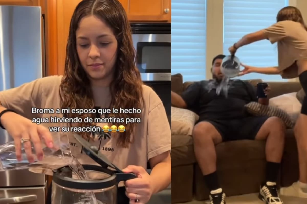 Mujer finge echarle agua hirviendo de la cafetera a su esposo, pero todo resulta ser una broma; aun así, él se la cree por completo