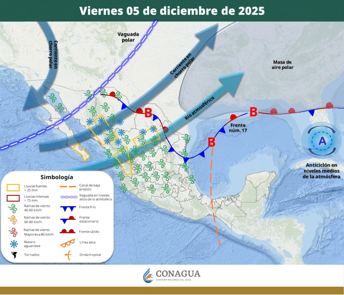 Pronóstico del clima para este viernes 5 de diciembre del 2025. | Crédito: SMN