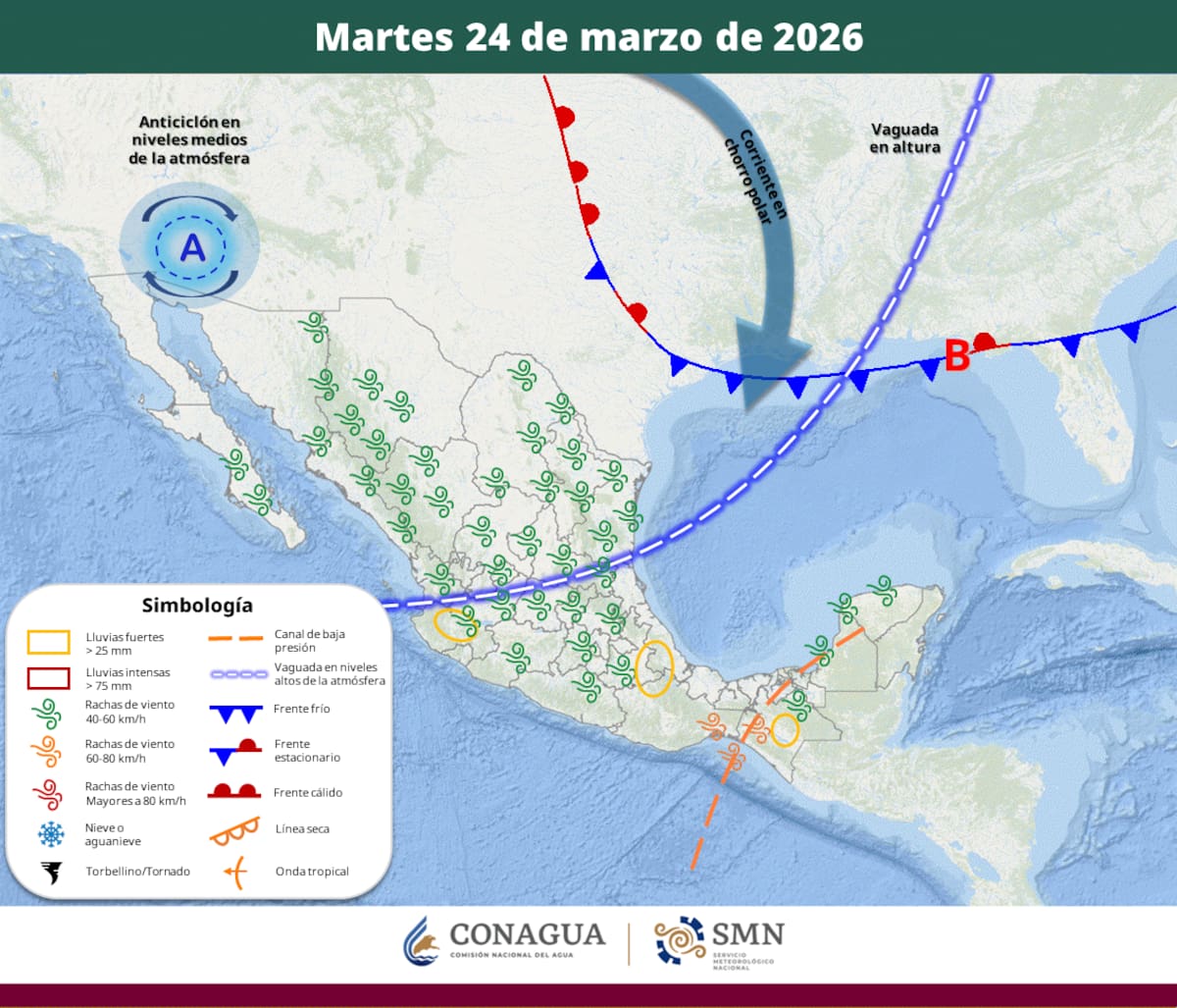 Pronóstico del clima para el martes 24 de marzo del 2026. | Crédito: SMN