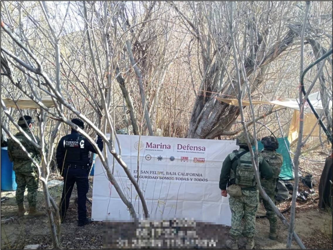 Personal de la Secretaría de Marina y la FESC inhabilitó un laboratorio clandestino en San Matías, donde se encontraron fosas, insumos para drogas sintéticas y aproximadamente 100 litros de sustancia con características similares a la metanfetamina.Foto: Cortesía