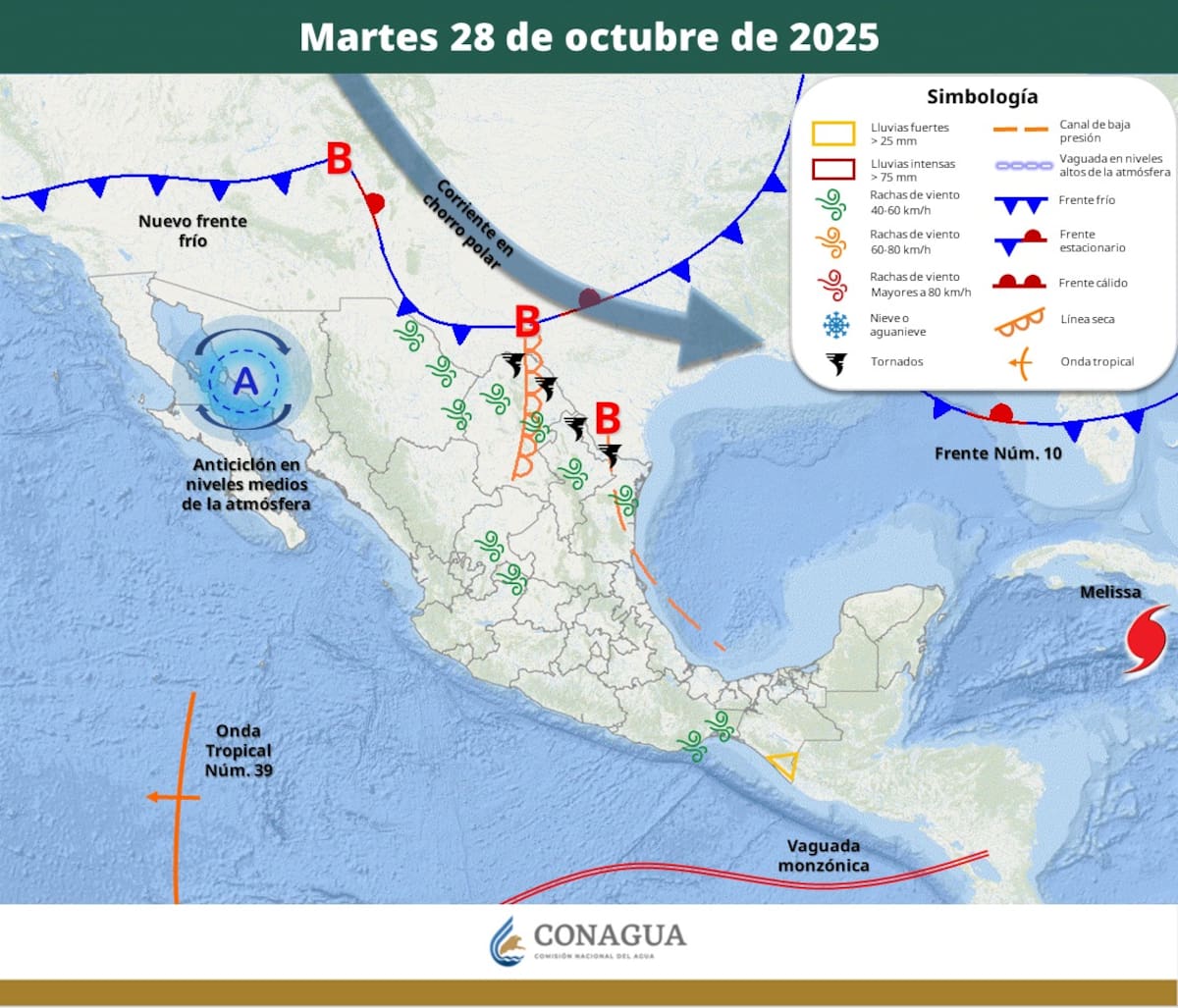 Pronóstico del clima para el martes 28 de octubre del 2025. | Crédito: SMN/Conagua