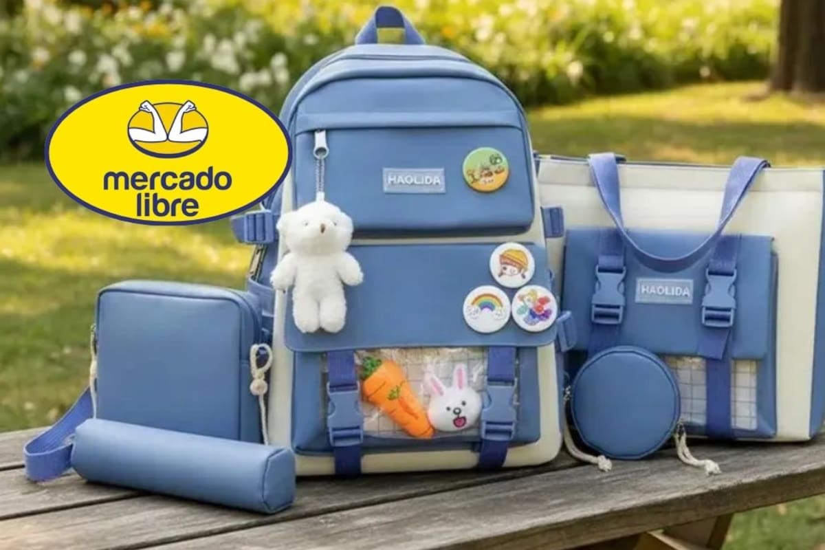 Mercado Libre remata kit de mochila impermeable con lonchera y accesorios a 259 pesos tras aplicar 42%