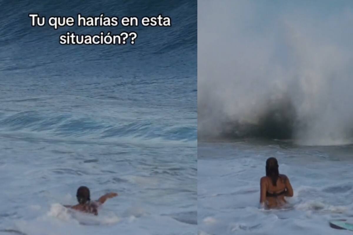 Mujer se mete al mar en Los Cabos San Lucas y se sorprende por las enormes olas | VIDEO