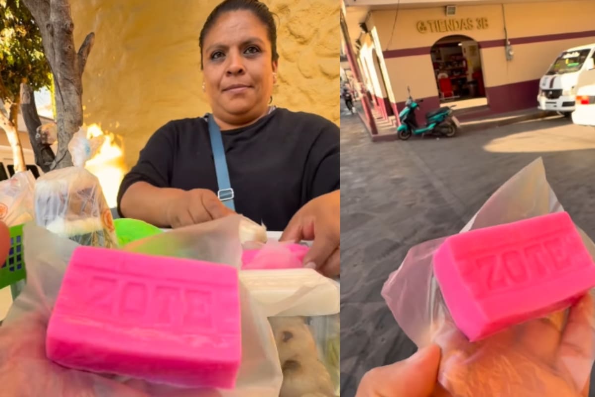 Vendedora ambulante se vuelve viral por ofrecer gelatina con forma de Jabón Zote rosa y blanco