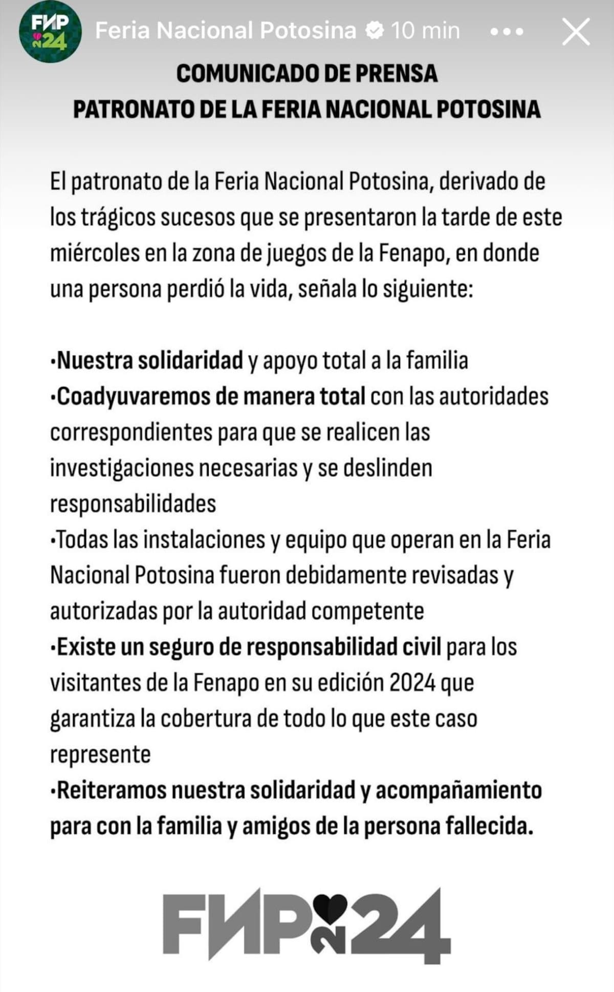 Comunicado de la Fenapo ante la muerte de una mujer que cayó de la rueda de la fortuna.