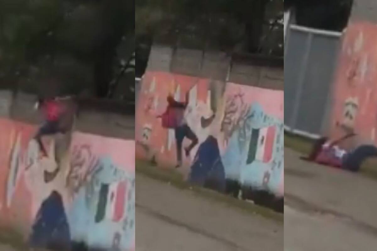 ¡Fuera abajo!: Captan a niña 'pinteándose' su primer día de clases y muestran cómo cayó de una barda
