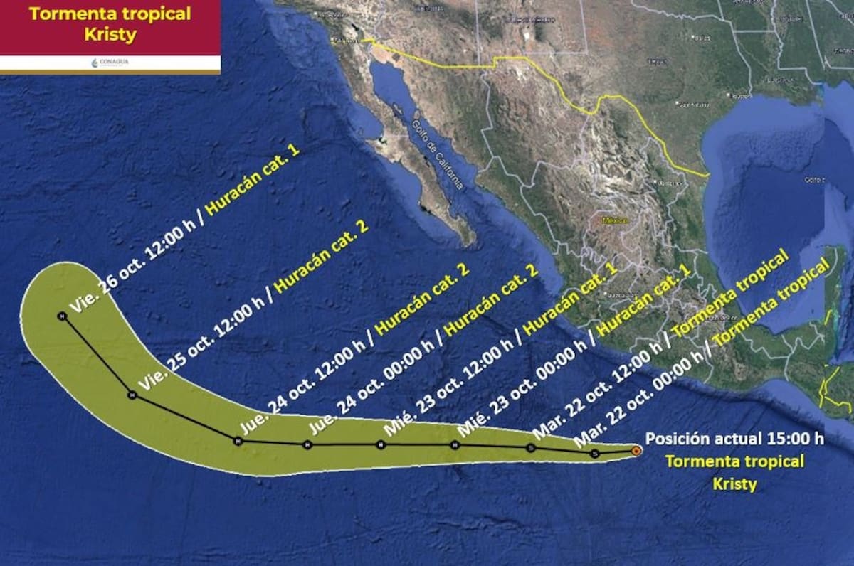 Mapa satelital con la trayectoria proyectada de la tormenta tropical "Kristy" en el Océano Pacífico. / Foto: Conagua.