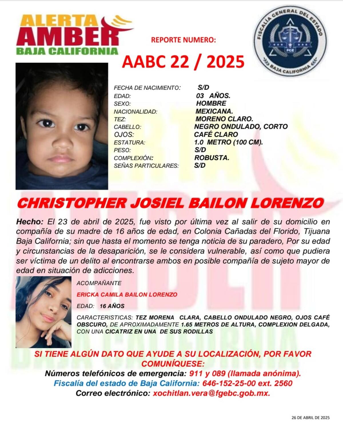 Alerta Amber de Christopher Josiel Bailón Lorenzo.