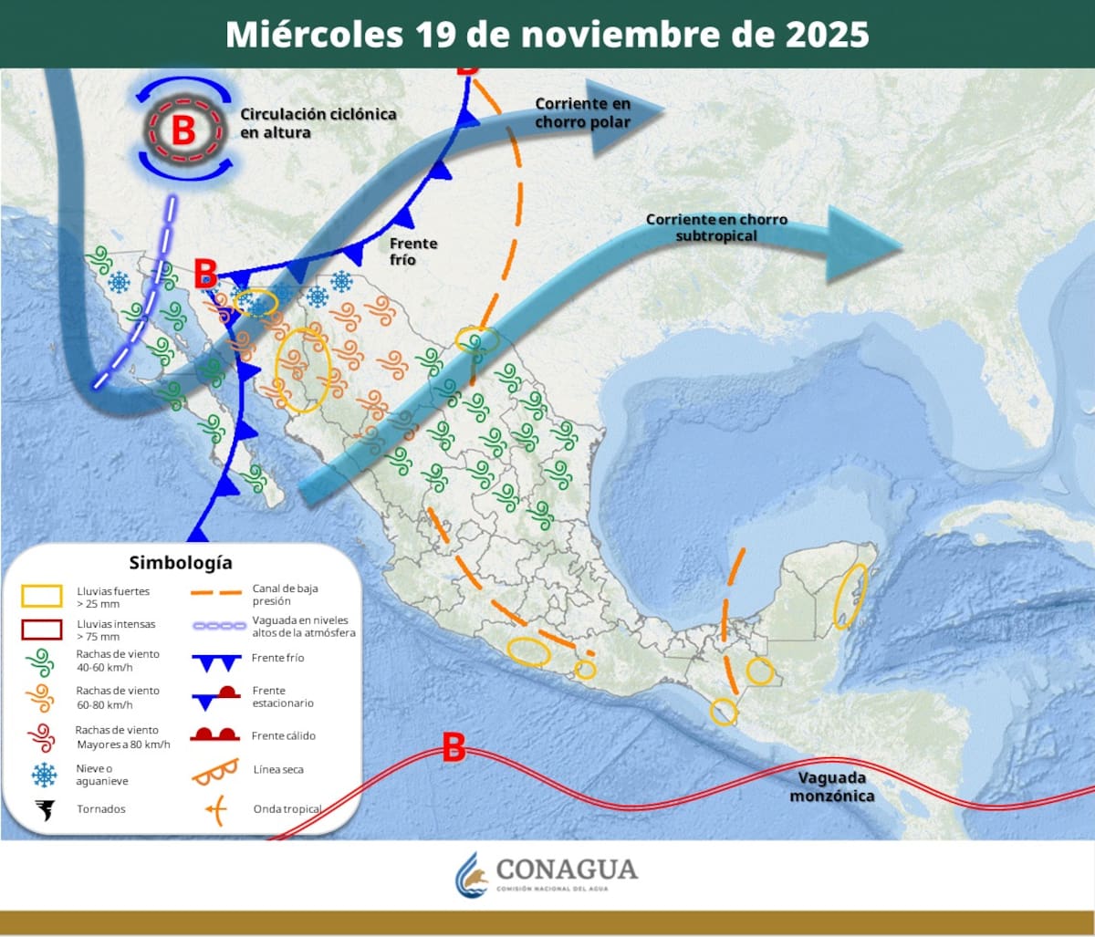 Pronóstico del clima para el miércoles 19 de noviembre del 2025. | Crédito: SMN