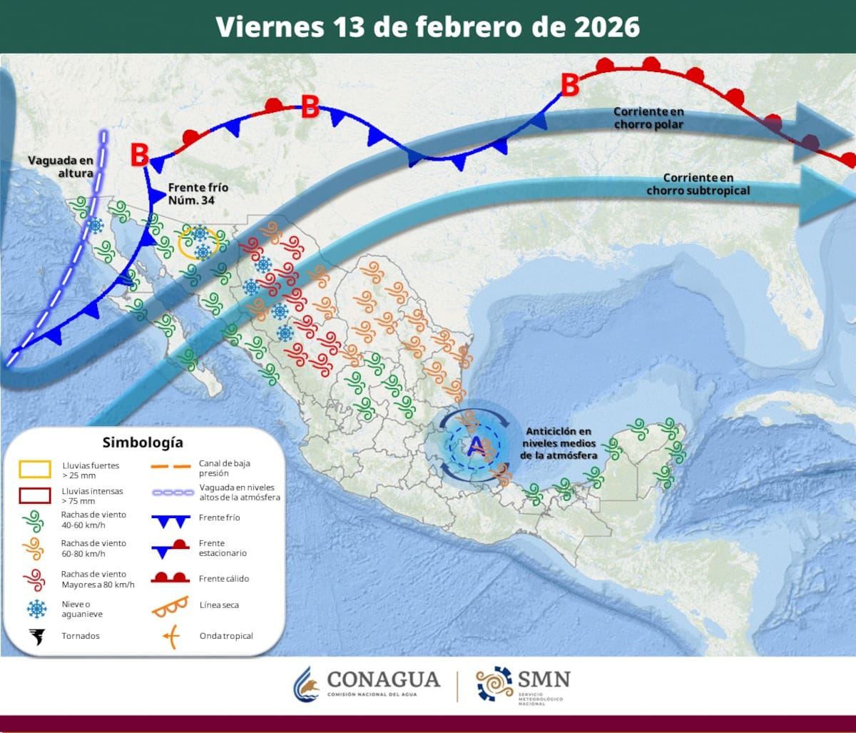 Pronóstico del clima para el viernes 13 de febrero del 2026. | Crédito: SMN