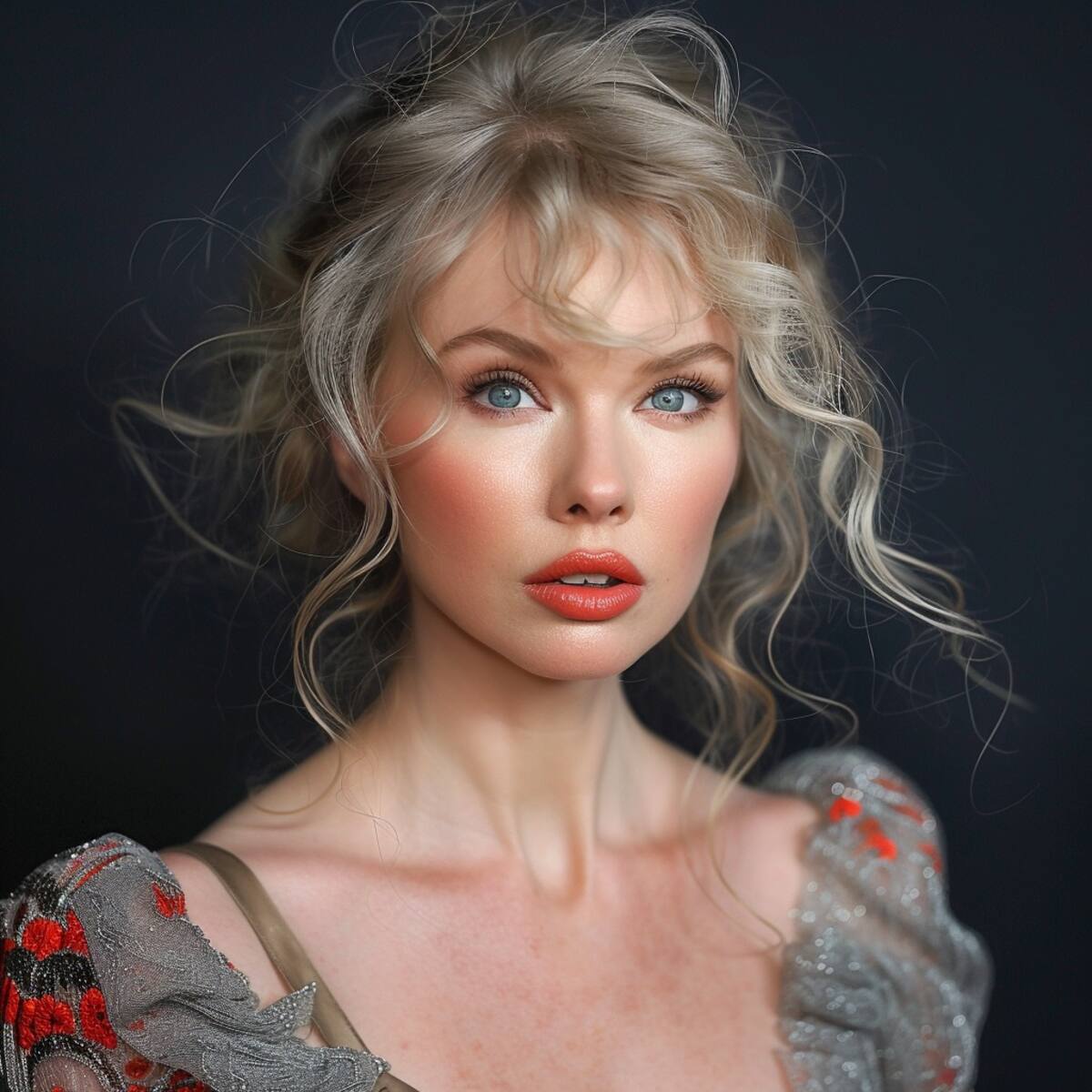 Elegancia intemporal: La IA nos muestra a una Taylor Swift en su sexta década, con un rostro cuidado y maquillaje característico.