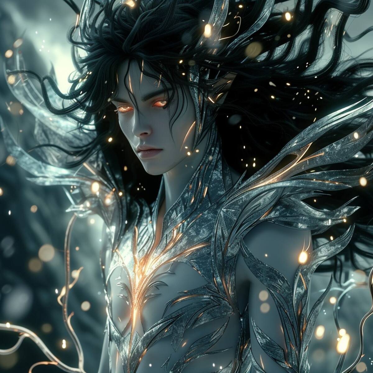 Explorando la recreación de Hades por la inteligencia artificial Midjourney: una visión única con cabello negro y armadura plateada.