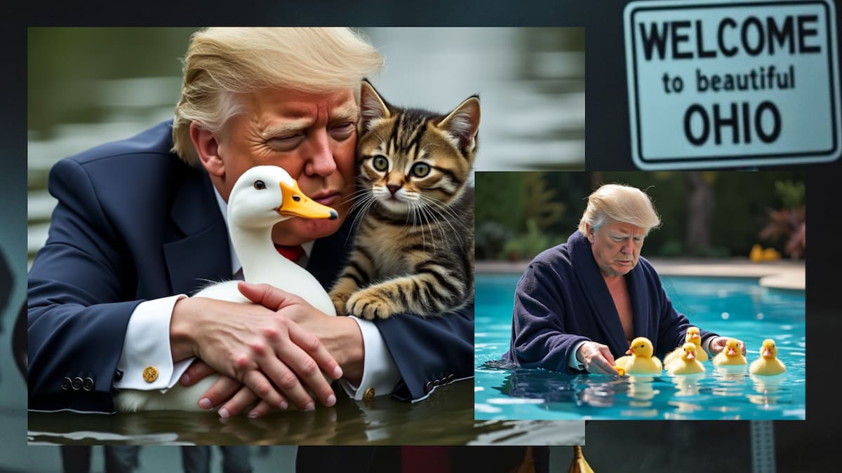 Imágenes con IA de Trump salvando gatos y patos han surgido tras las falsas acusaciones contra migrantes haitianos de que comen mascotas.