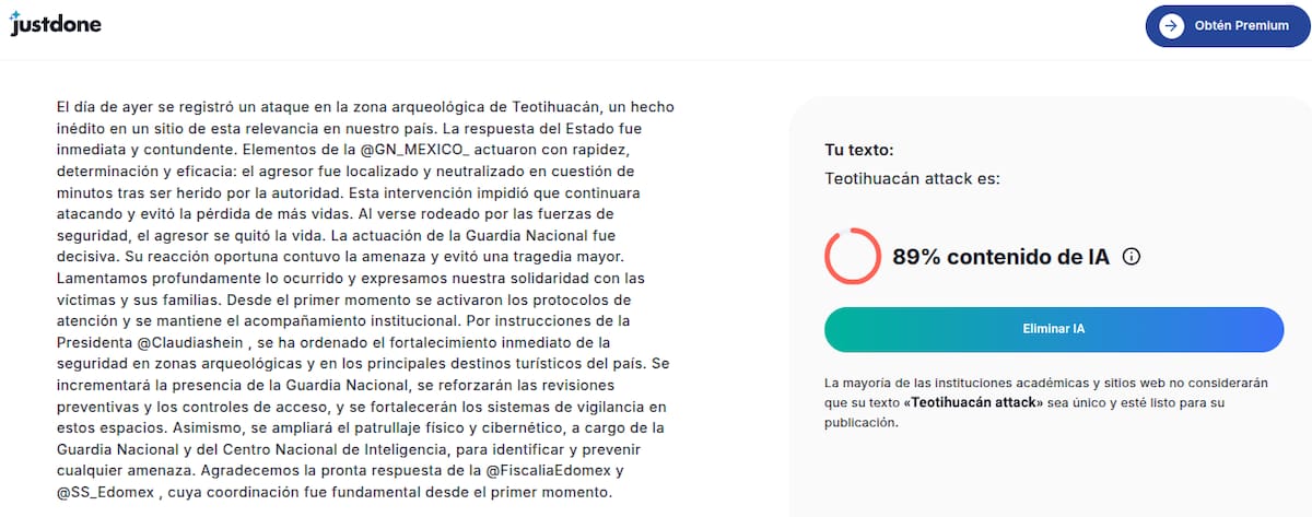 Detector de texto IA. Foto: Captura de pantalla