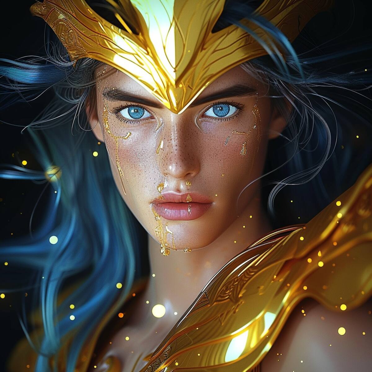 Midjourney, la IA, imaginó a Camus con un toque de belleza: cabello azul, armadura dorada y ojos que reflejan su serenidad gélida.