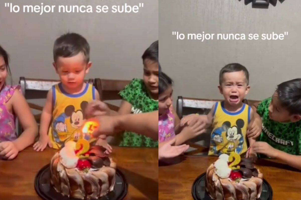 Niño se viraliza por intentar apagar la vela de su pastel; mete el dedo y se quema